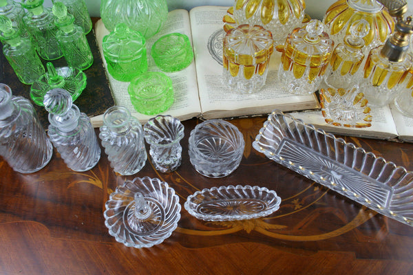 Antique Belgian Val saint lambert amber vanity set dresser + green + clear 1906