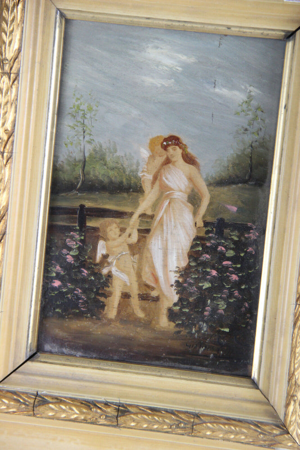 PAIR French romantic putti oil panel painting romantic scene