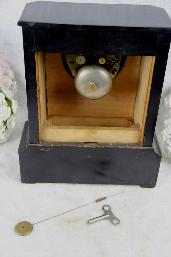 Antique Napoleon III portico clock black lacquered inlaid 19thc
