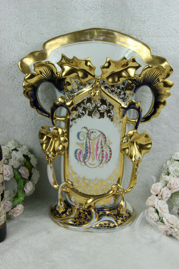 XL antique French vieux paris monogram Porcelain Vase