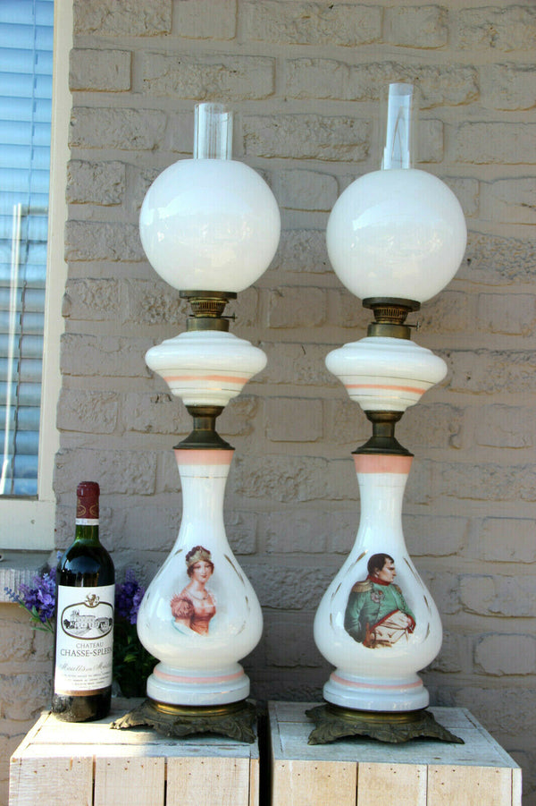PAIR antique French opaline glass napoleon Josephine oil lamps rare