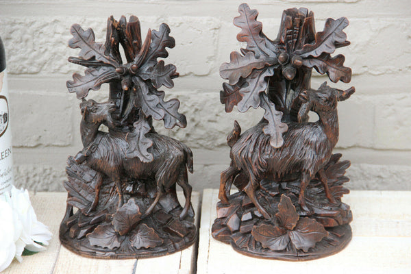 Antique Swiss Black forest wood carved candle holder Statue deer