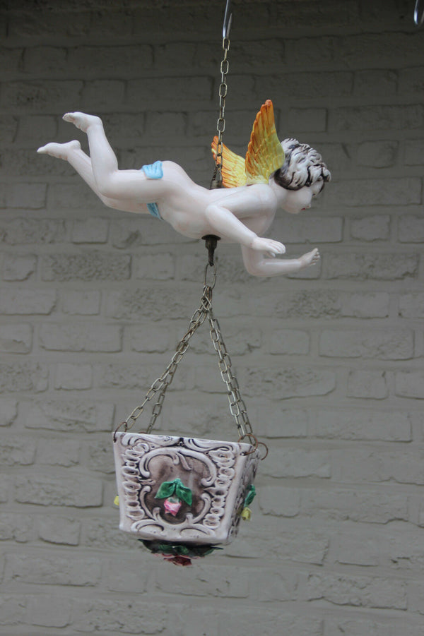 Rare Cute vintage faience Angel putti hang planter jardiniere 1960 Floral roses
