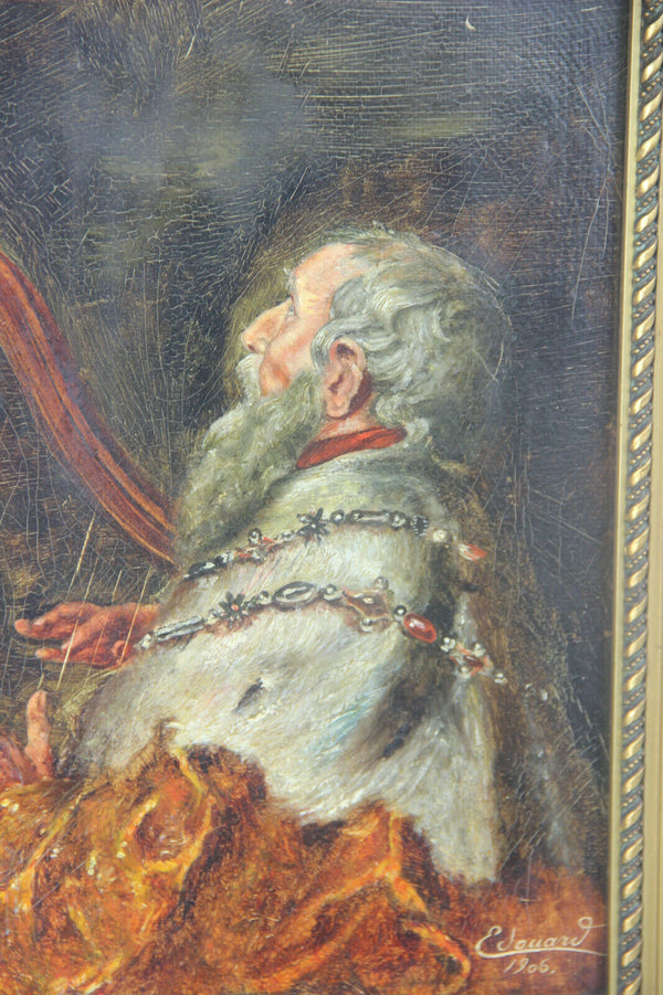 Antique oil panel painting religious theme king david playing harp after Rubens