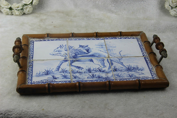 Antique Portugese Ceramic tiles serving tray plate hunting dog catching boar