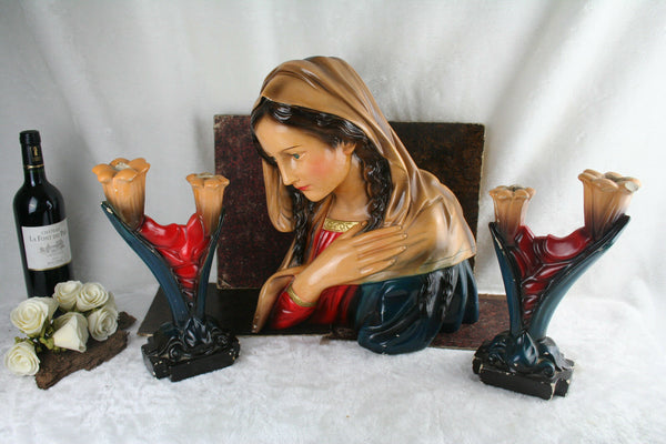 French antique 1930 Chalkware buste + candle holders madonna mary polychrome