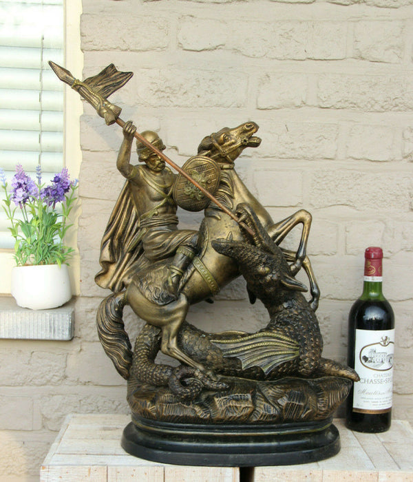 Antique XL French Group Terracotta Saint George Dragon Statue religious
