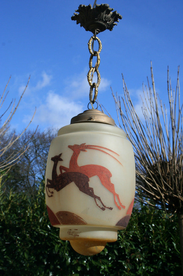 ART DECO Pendant chandelier antilope Deer enameled glass 1930 signed