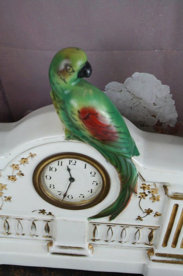 ART DECO 1930 Belgian Faience porcelain Parrot birds Vases clock set marked