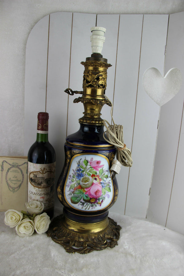 Antique French Limoges blue porcelain oil petrol lamp romantic scene floral