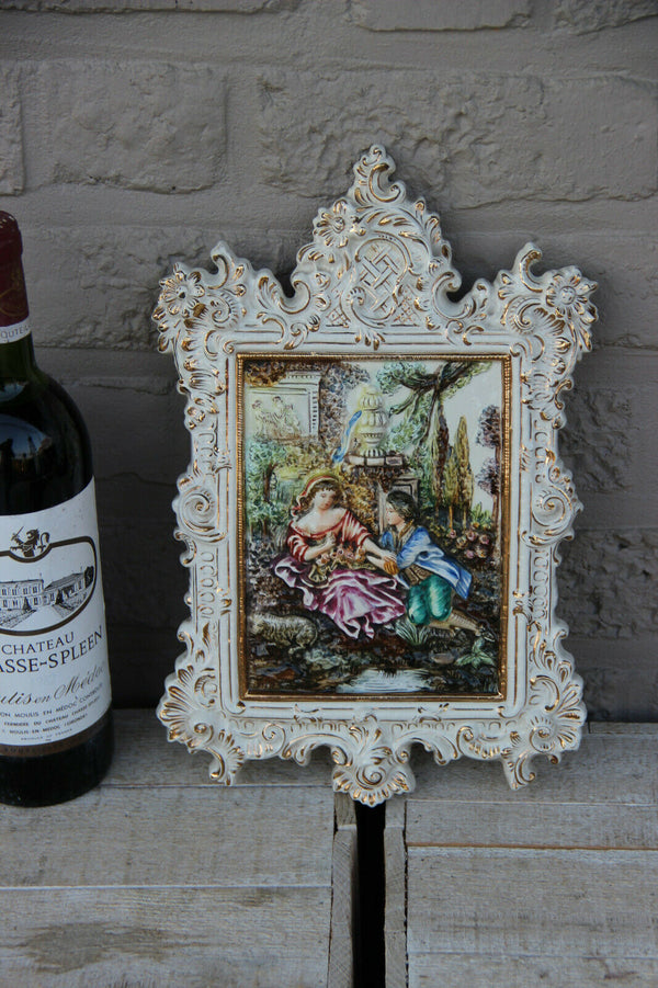 Italian capodimonte marked porcelain relief Wall plaque panel romantic scene 70s