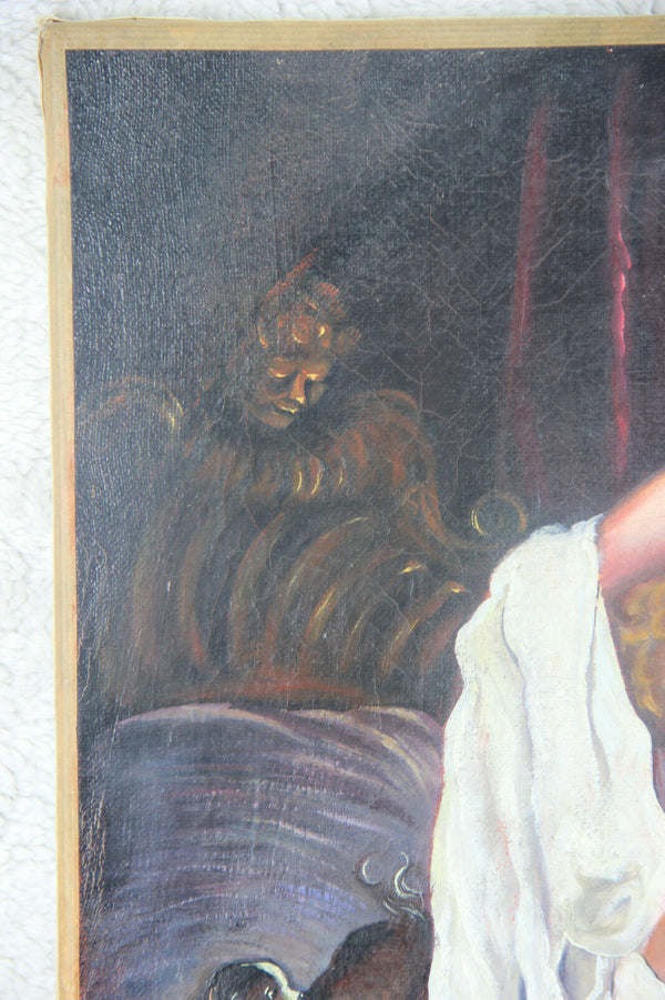 Vintage French oil canvas painting nude lady dog aristocratic