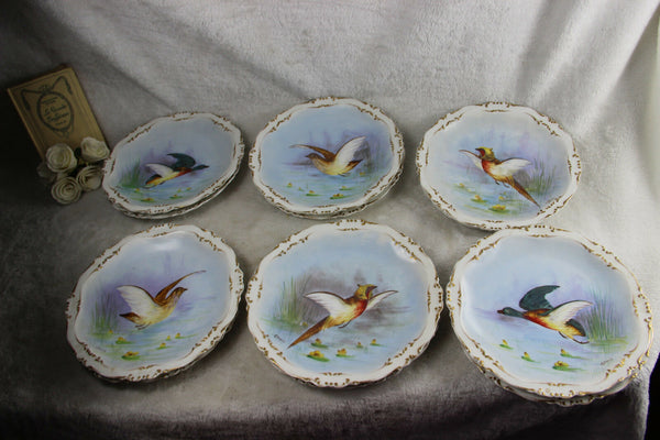 Set 12 French limoges marked porcelain bird pheasant dinner plate signed