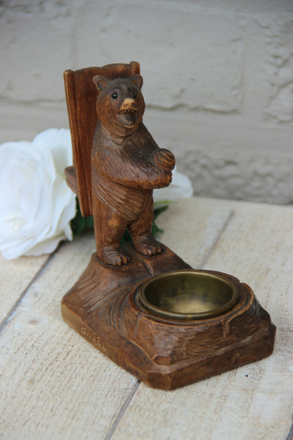 Antique hand Black forest wood carved swiss bear statue ashtray match holder
