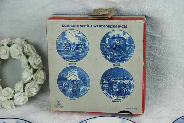Set 4 DELFT blue white pottery 4 seasons plates wall hanging original box