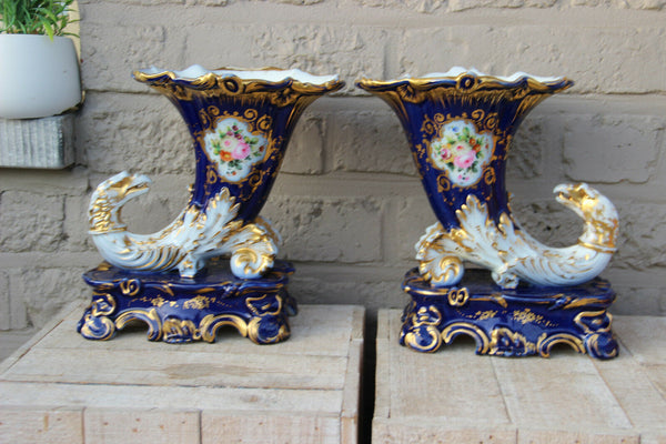 Antique french pair Vieux paris porcelain floral  eagle head bird attr j petit