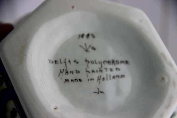 LARGE polychrome ceramic DELFT Bird floral lidded vase marked Dutch