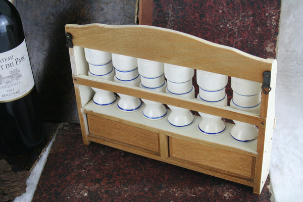 Vintage 70's Kitchen rack wood delft blue white pottery 6 shakers herbs