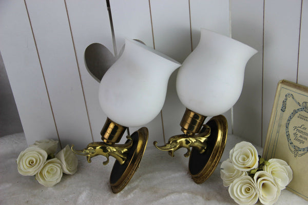 PAIR empire design Fish dolphin brass metal wall lights sconces opaline glass