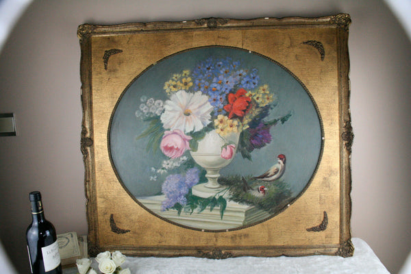 Gorgeous Flemish school Oil canvas painting birds oval framed 1970's flowers