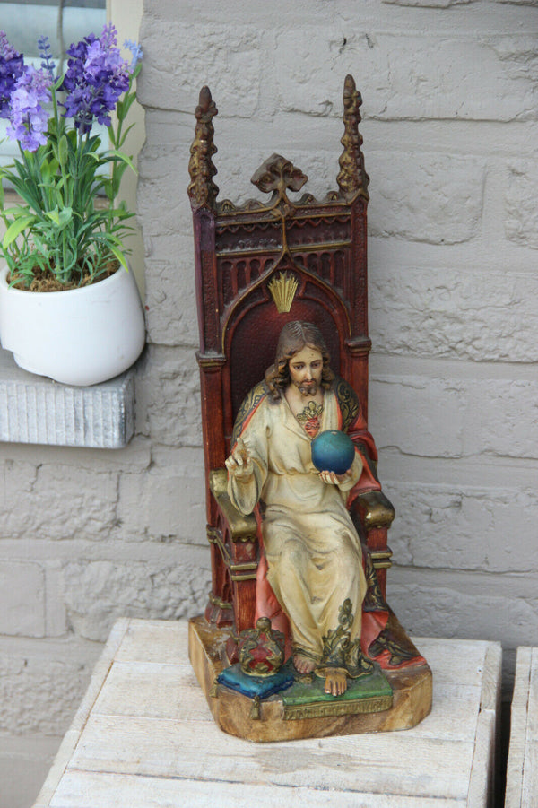Antique Large Chalkware polychrome religious christ King throne Statue figurine