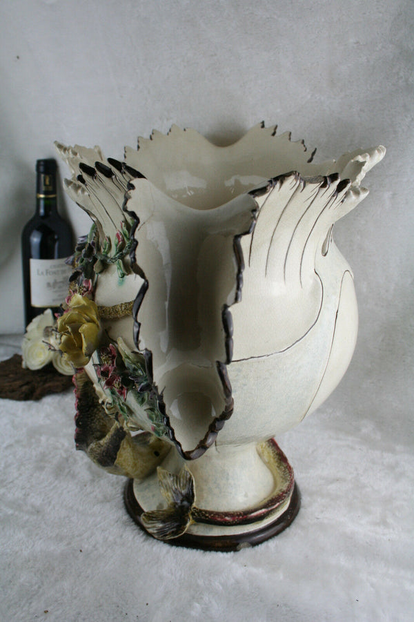 Majestic French 1900 Faience barbotine Planter dragon flowers jardiniere gothic