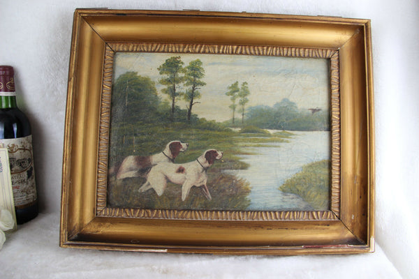 Flemish school oil canvas painting hunting dogs bird scene attr. Schouten