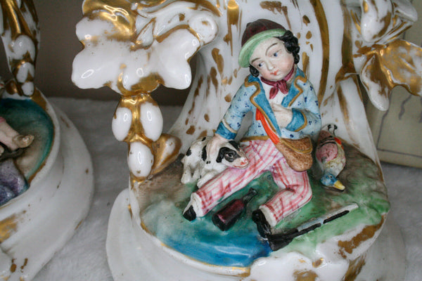 Antique Pair  French  porcelain hunt dog vases candle holder attr. jacob petit