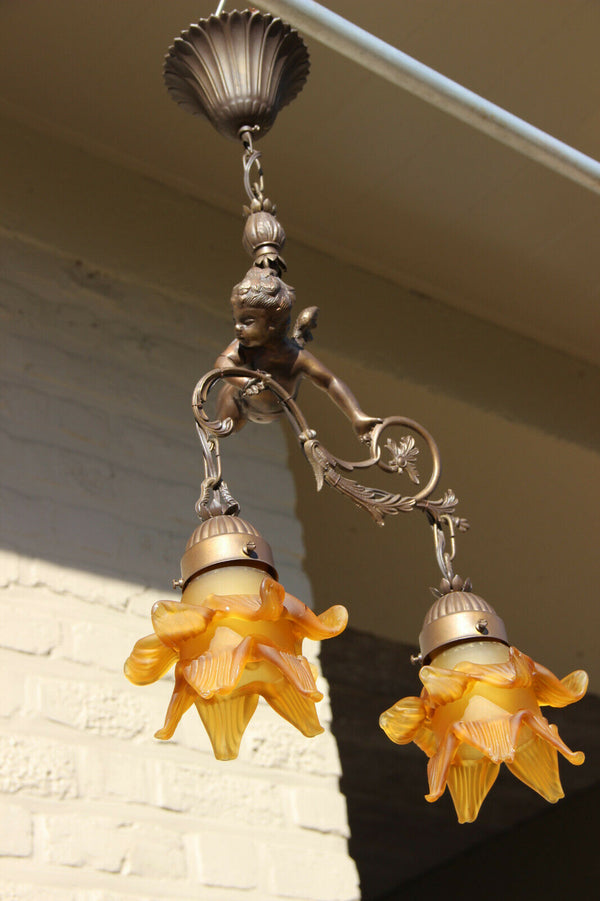 French Bronze putti angel pendant chandelier 2 arms amber glass tulip shades