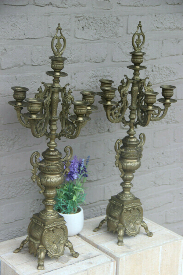 PAIR XL bronze castle gothic dragon figurines Candelabras candle holders