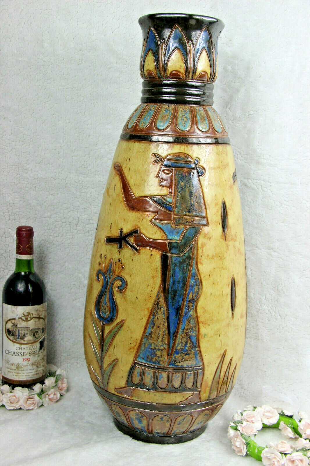 XL ART DECO Belgian CERAMIC Vase Signed DUBOIS Egypt god bird theme