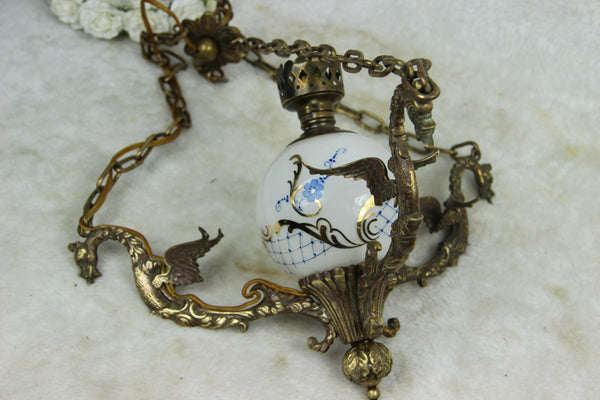 French vintage bronze Dragon gothic 3 arms chandelier opaline glass ball 1950