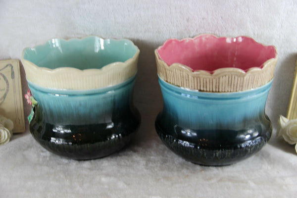 PAIR 1900 French Barbotine Majolica Relief floral jardiniere planter antique