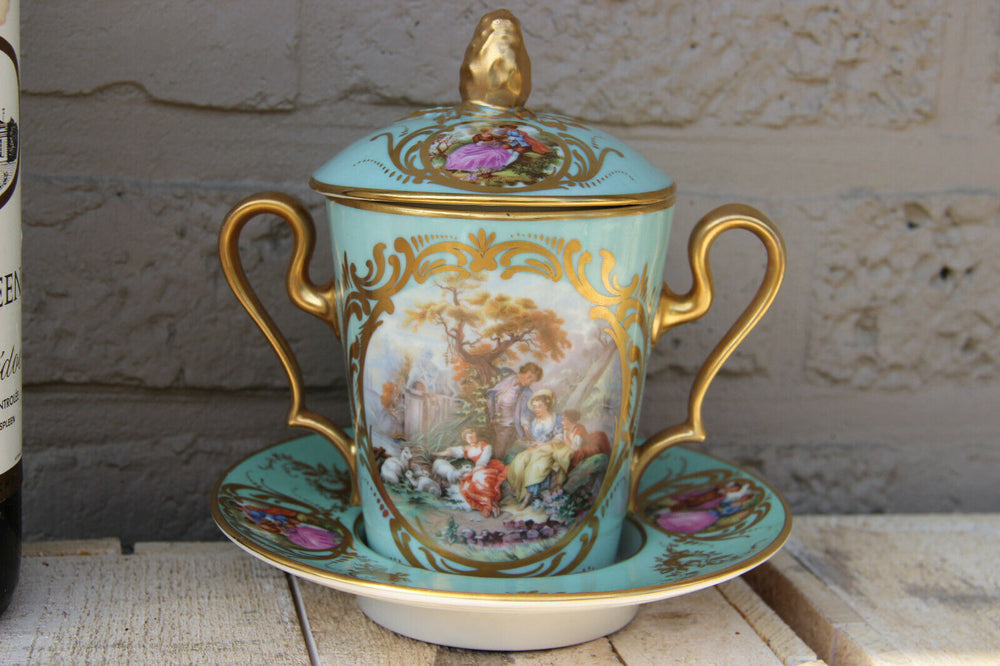 Antique French Porcelain marked sugar bowl pot Victorian romantic scene