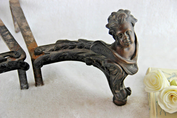 PAIR Rare Antique French Putti Cherub Bronze Cast iron Fireplace andirons