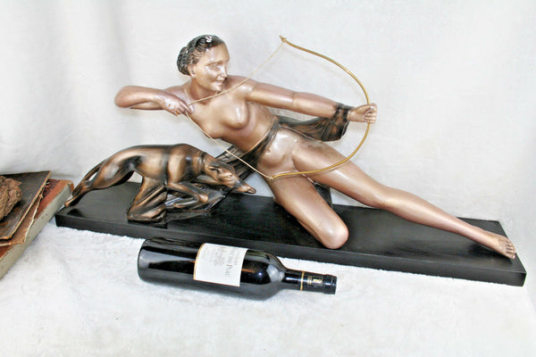 HUGE XL ART deco chalkware Hunting lady with whippet greyhound bow wood base