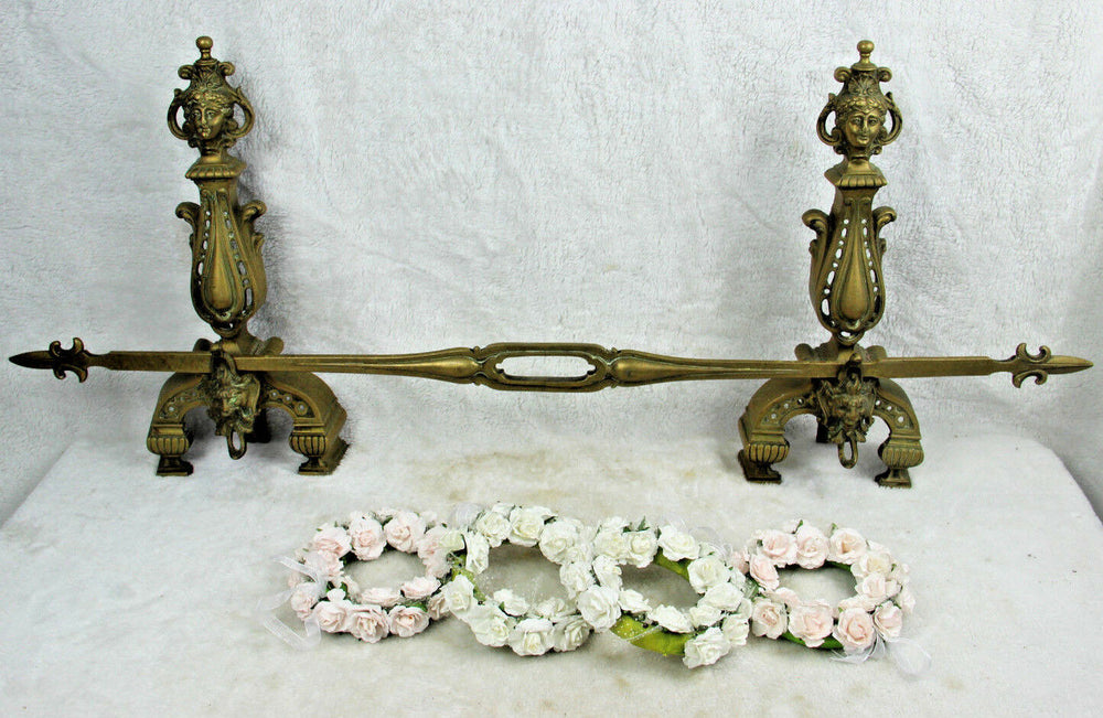 Bronze antique Fireplace andiron mantel set fleur de lys Caryatid satyr devil