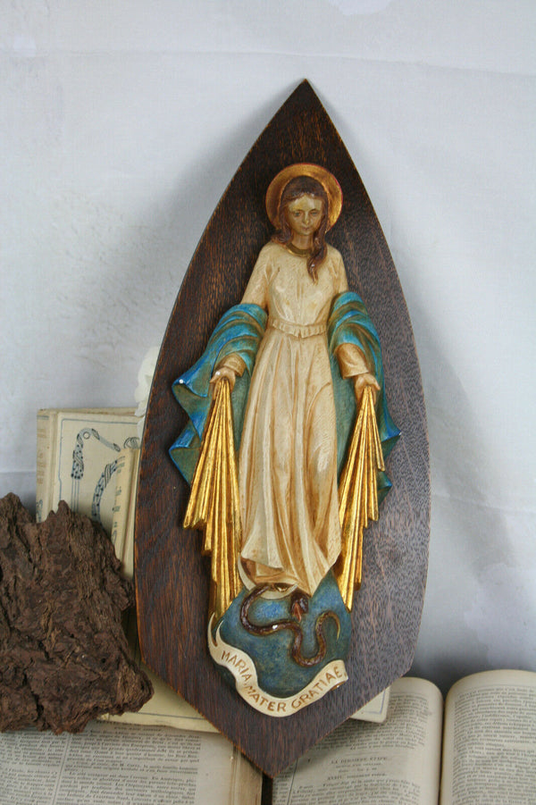 French Ceramic 1930 Madonna relief wall plaque polychrome painted rare special