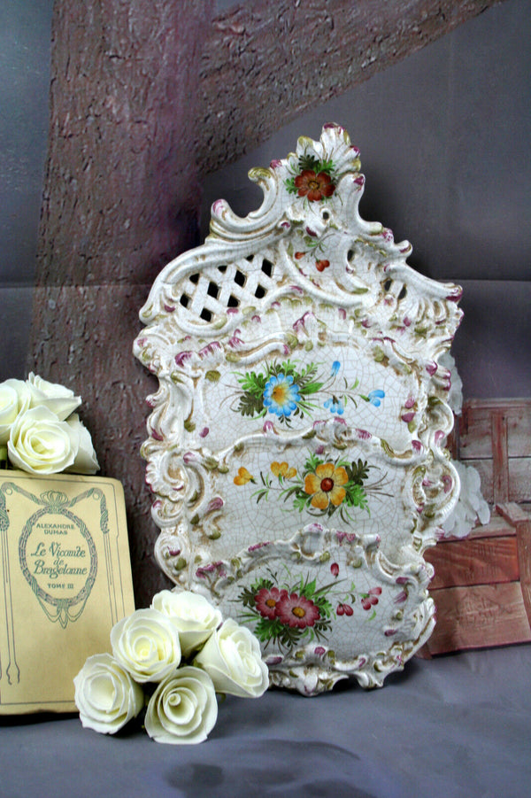 French vintage Majolica Biscuit Craquele Wall Antique Letter holder Flowers