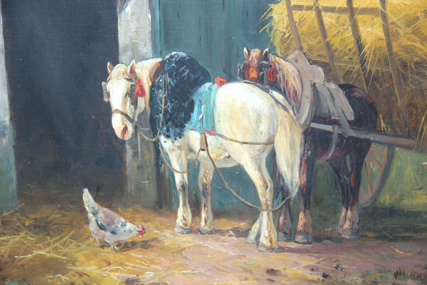 PAIR antique oil canvas painting horses equestrian signed E Fromentin 19thc
