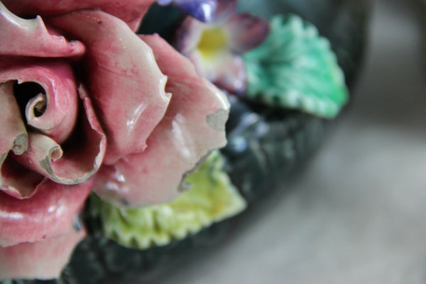 PAIR 1900 French Barbotine Majolica Relief floral jardiniere planter antique