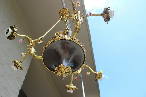 French bronze porcelain flowers putti 7 arms chandelier empire