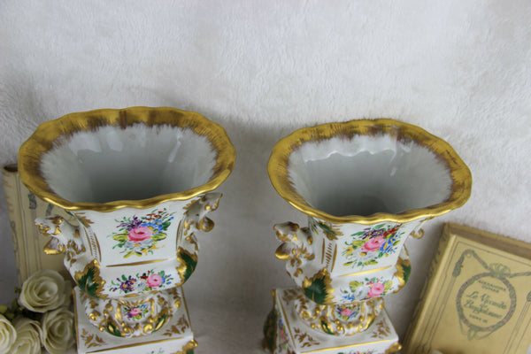 PAIR old gorgeous vieux paris porcelain Vases floral decor marked 1950's