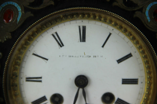 Antique Napoleon III portico clock black lacquered inlaid 19thc