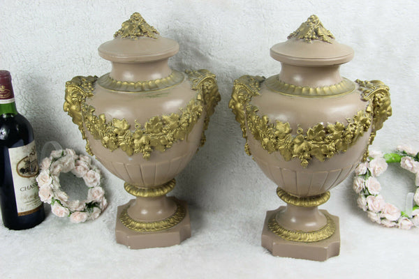PAIR antique art deco 1920 Chalkware satyr heads Cassolette Vases urns