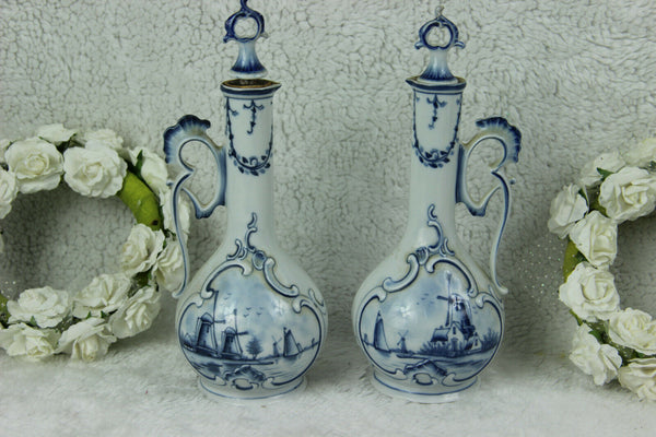 PAIR Delft blue white pottery oil vinegar pitcher vases mill sailing boat