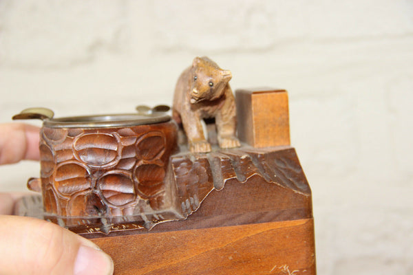 Antique hand Black forest wood carved swiss bear statue music box ashtray