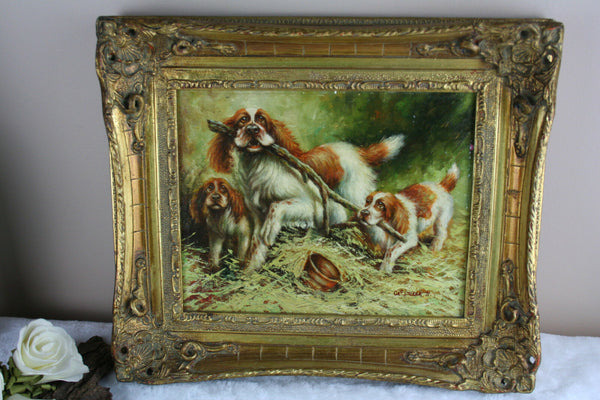 Gorgeous Cavalier King charles Oil panel dogs painting 1971 signed english schoo