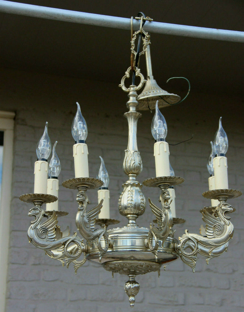 French brass silver patina gothic castle 8 arms dragon chandelier lamp