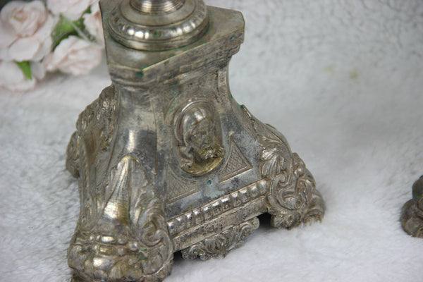 PAIR antique religious Bronze Candlesticks church crystal glass portrait heads